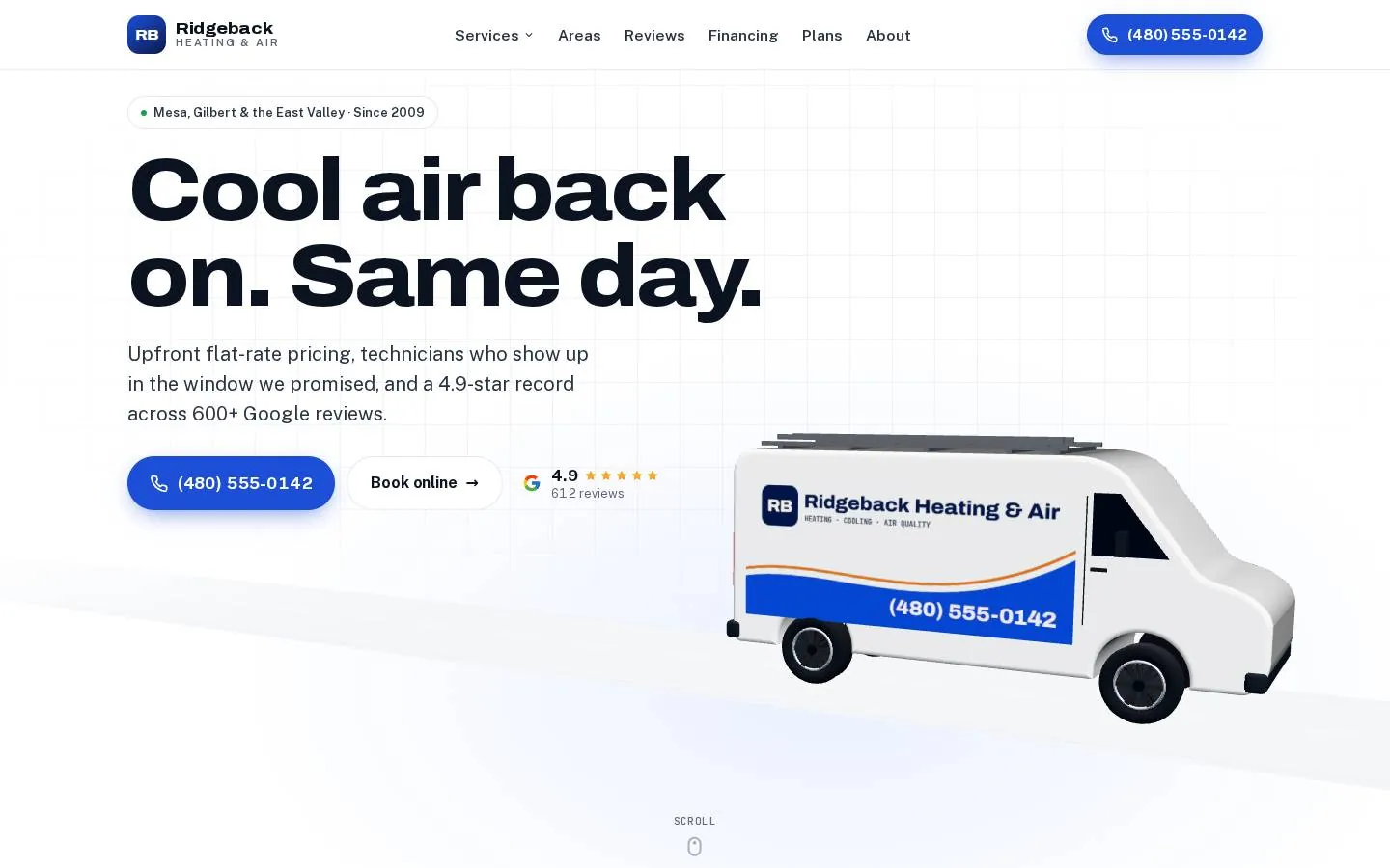 Demo HVAC website: headline and a 3D service van with the company name on it