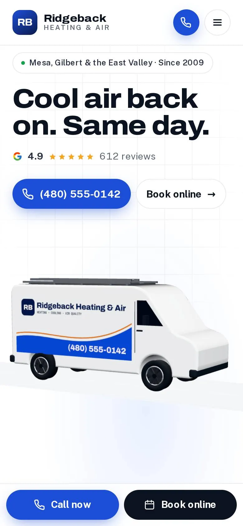 The same site on a phone, with a sticky call button